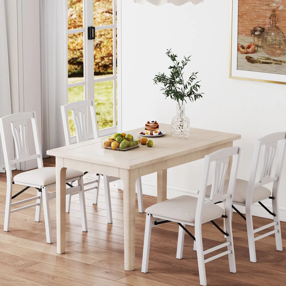2er-Set Klappstühle mit Gepolsterte Sitzen & Gummibaumholzrahmen Esszimmerstühle Beige + Weiß