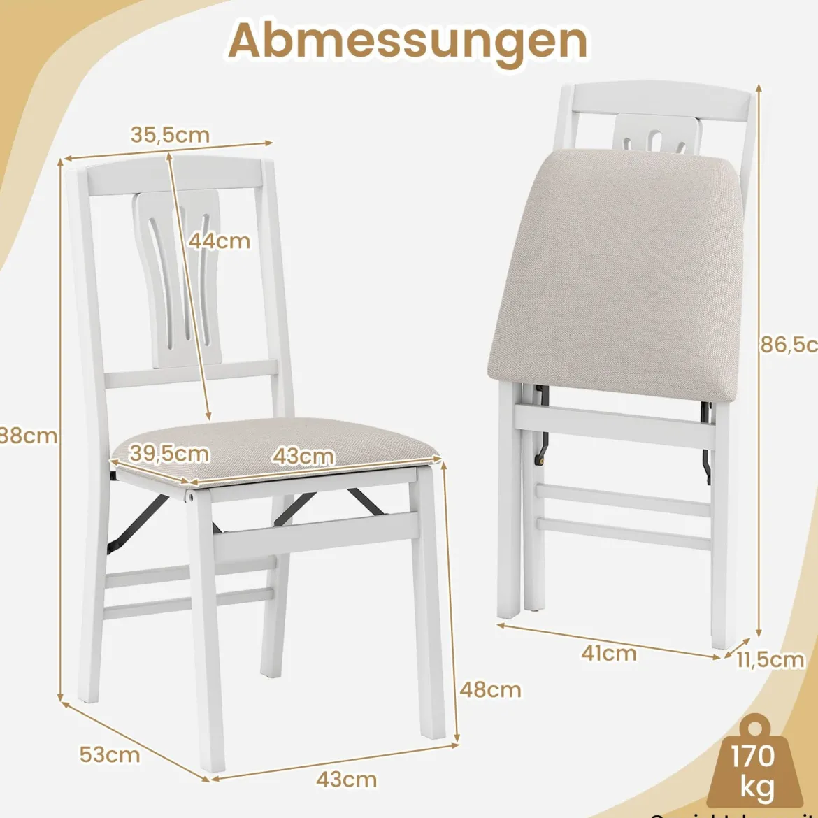 2er-Set Klappstühle mit Gepolsterte Sitzen & Gummibaumholzrahmen Esszimmerstühle Beige + Weiß