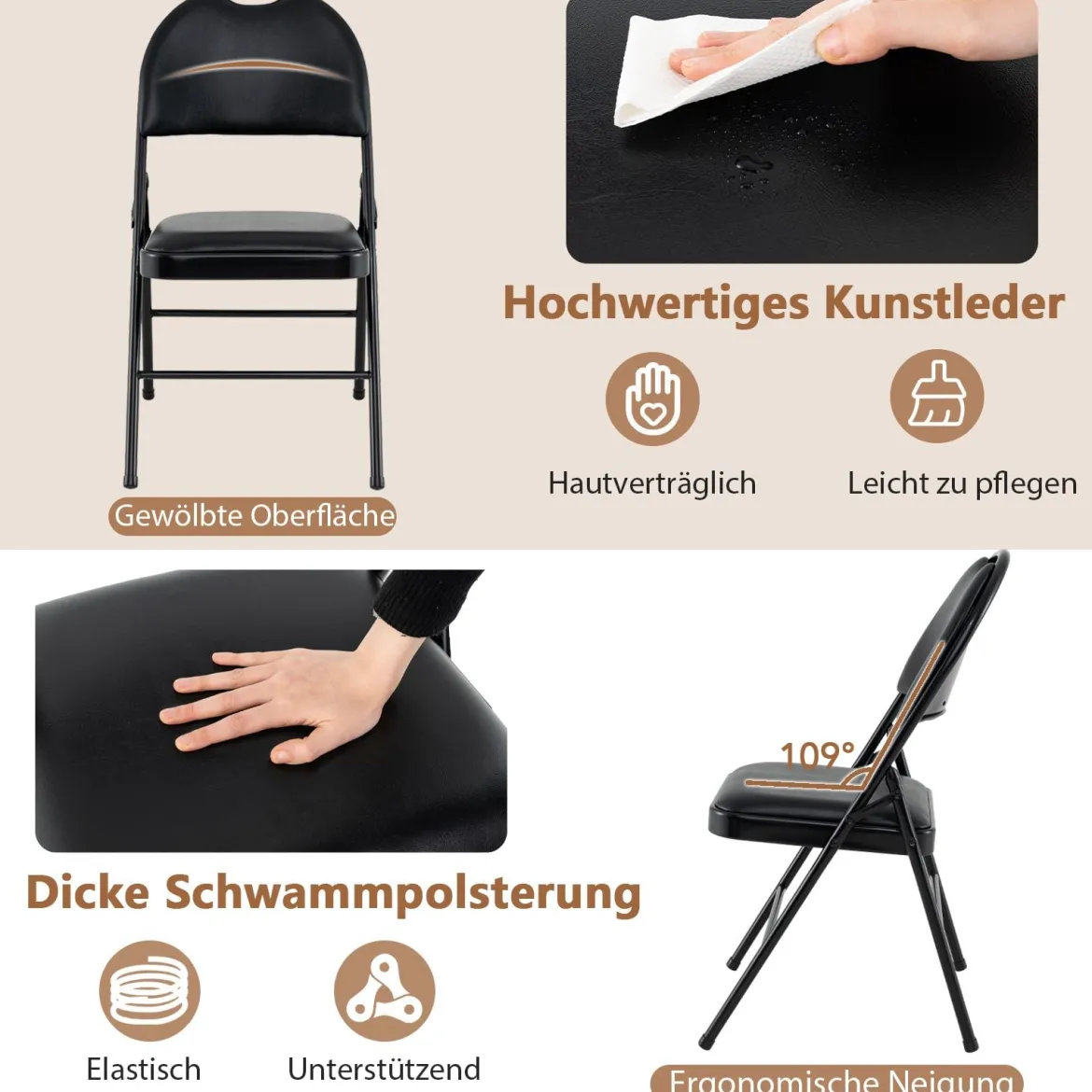2er Set Klappstühle mit Metallrahmen Gepolsterter Gartenstuhl Kunstleder Klappbarer Campingstuhl