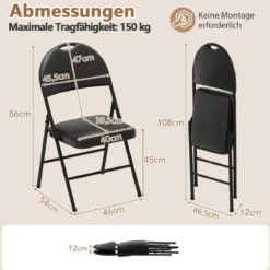 2er Set Klappstühle mit Metallrahmen Gepolsterter Gartenstuhl Kunstleder Klappbarer Campingstuhl