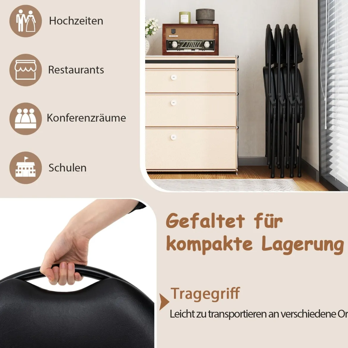 4er Set Klappstühle mit Metallrahmen Gepolsterter Gartenstuhl Kunstleder Klappbarer Campingstuhl