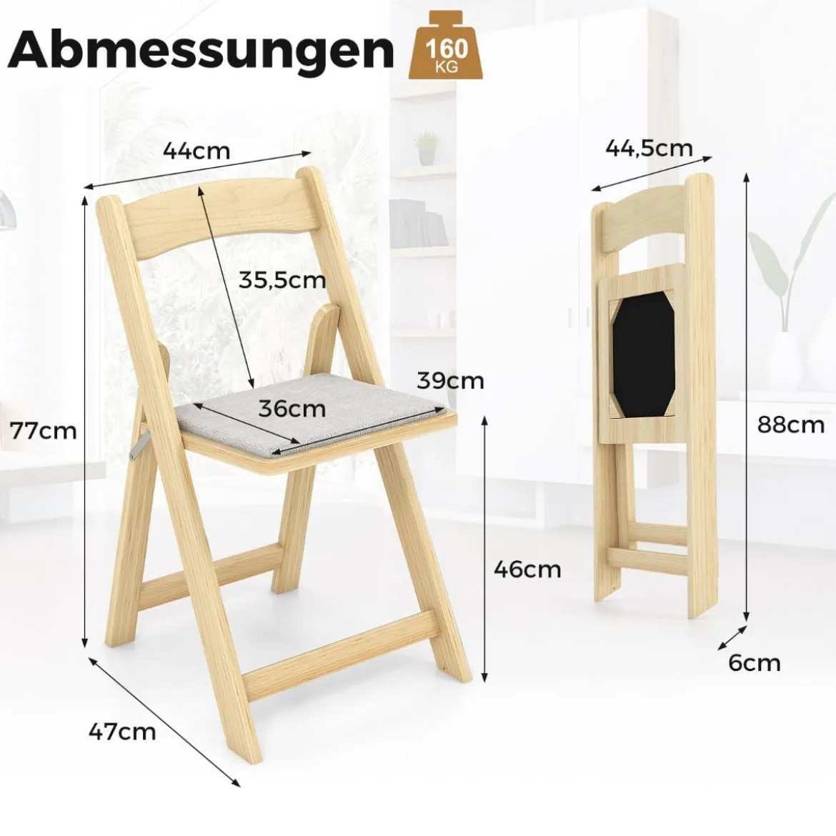 2er Set Klappstuhl mit Gepolsterter Sitzfläche Esszimmerstühlen aus Gummibaumholz