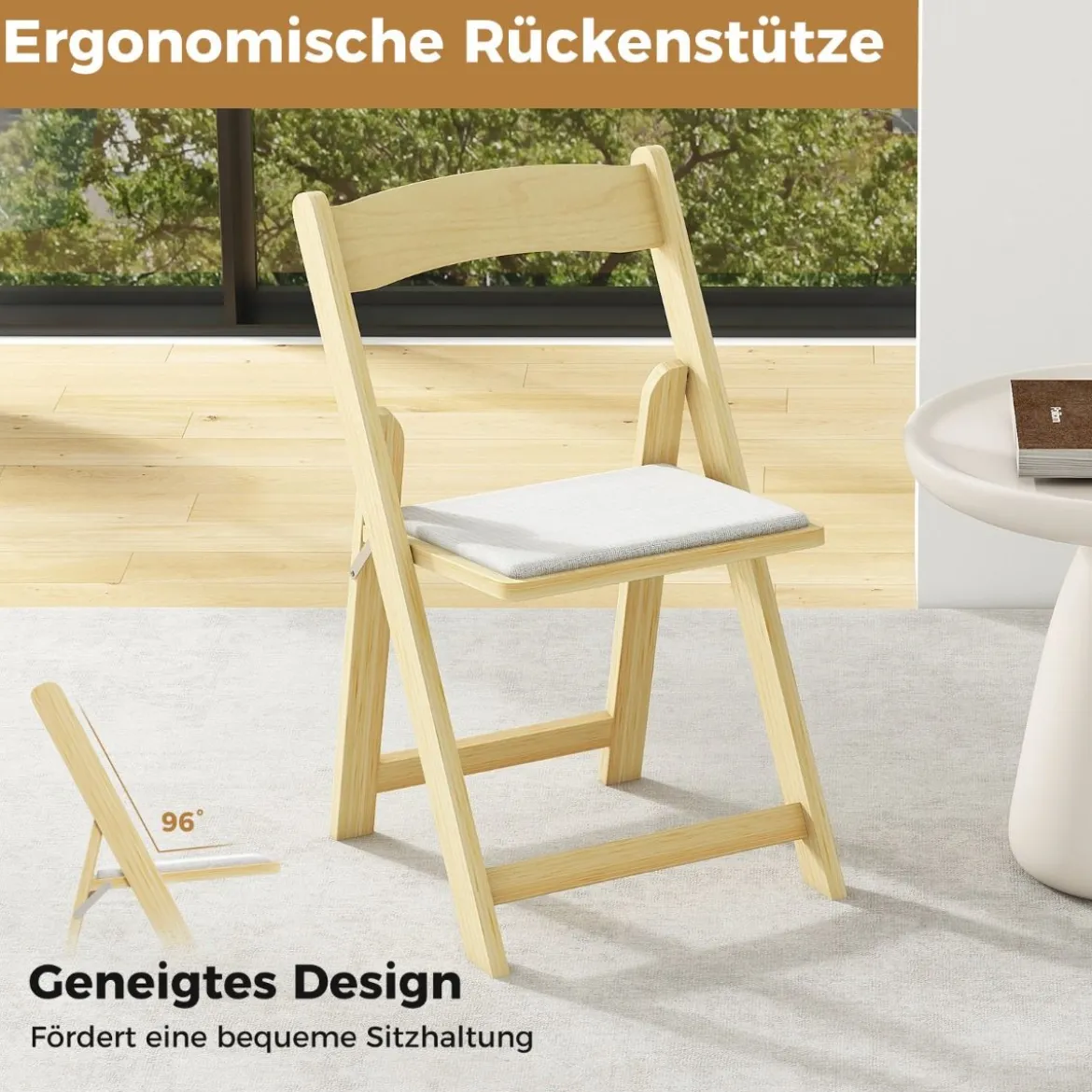 2er Set Klappstuhl mit Gepolsterter Sitzfläche Esszimmerstühlen aus Gummibaumholz