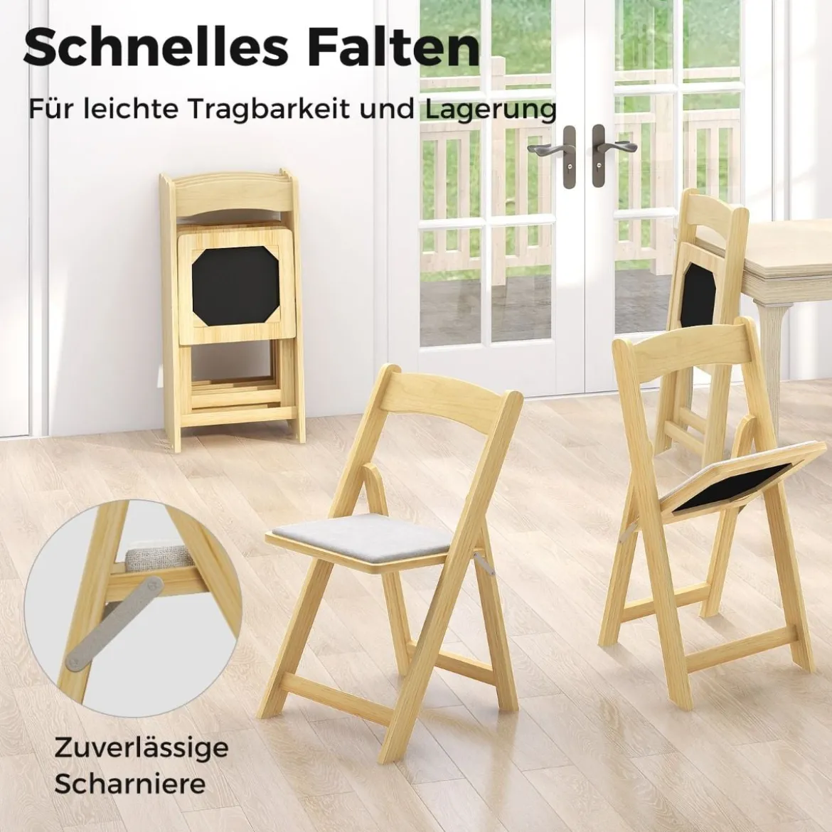2er Set Klappstuhl mit Gepolsterter Sitzfläche Esszimmerstühlen aus Gummibaumholz