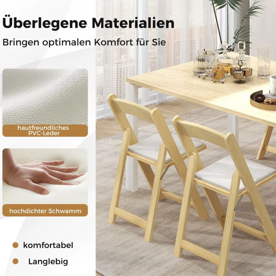 2er Set Klappstuhl mit Gepolsterter Sitzfläche Esszimmerstühlen aus Gummibaumholz