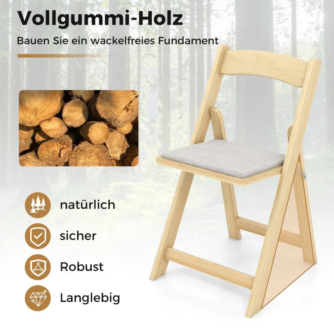 2er Set Klappstuhl mit Gepolsterter Sitzfläche Esszimmerstühlen aus Gummibaumholz