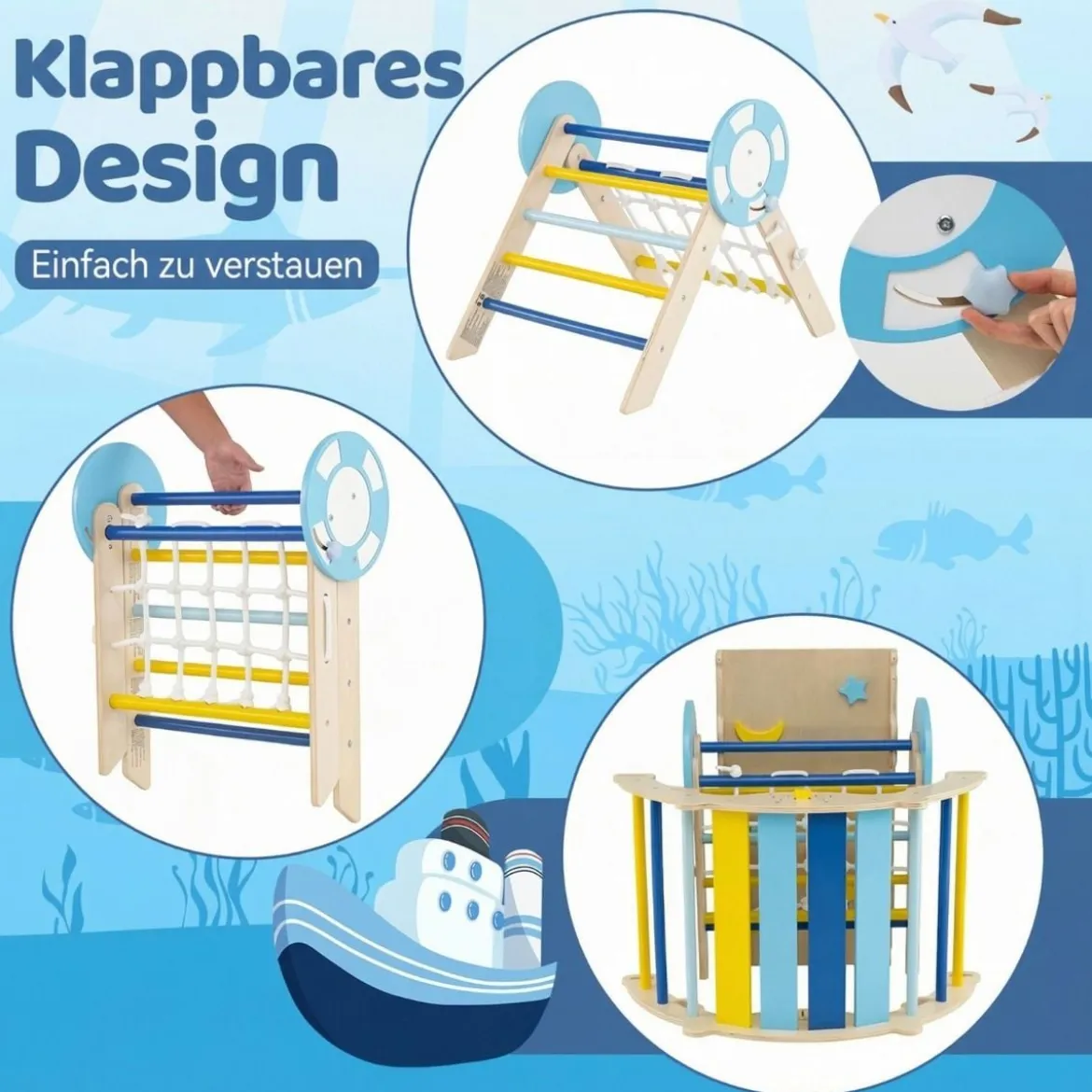 3er Set Klettergerüst Klappabres Kletterdreieck mit Rutsche & Kletterbogen Seefahrer Sprossendreieck