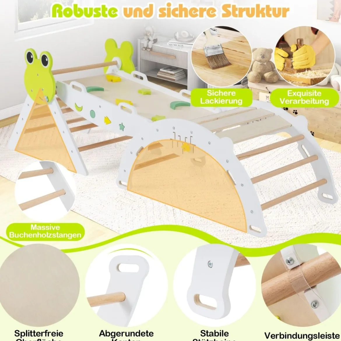 3er Set Klettergerüst mit Rutsche & Kletterbogen & Doppelseitige Rampe Kletterdreieck Weiß