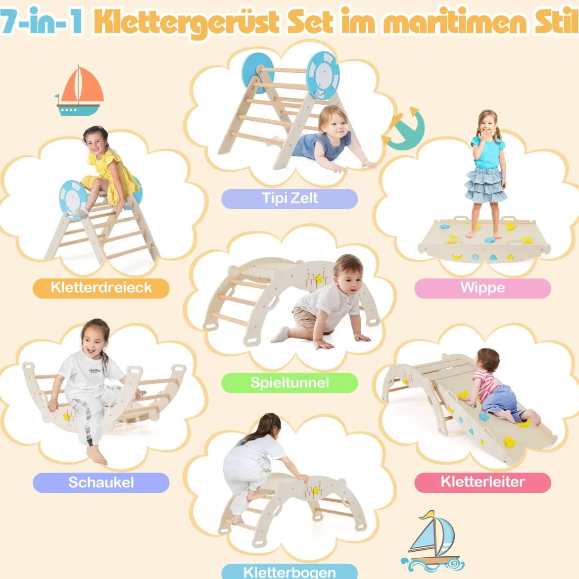 3er Set Klettergerüst mit Rutsche & Kletterbogen & Baustein Set Klappabres Kletterdreieck Natur