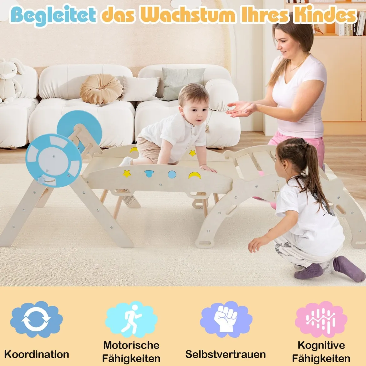 3er Set Klettergerüst mit Rutsche & Kletterbogen & Baustein Set Klappabres Kletterdreieck Natur