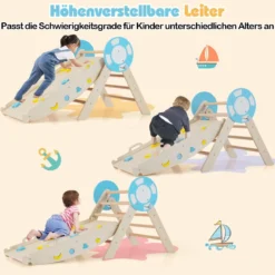 3er Set Klettergerüst mit Rutsche & Kletterbogen & Baustein Set Klappabres Kletterdreieck Natur