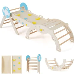 3er Set Klettergerüst mit Rutsche & Kletterbogen & Baustein Set Klappabres Kletterdreieck Natur