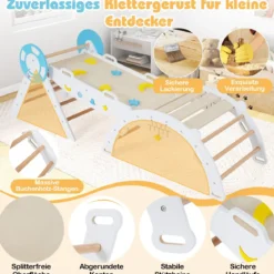 3er Set Klettergerüst mit Rutsche & Kletterbogen & Baustein Set Klappabres Kletterdreieck Weiß