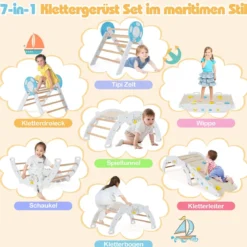 3er Set Klettergerüst mit Rutsche & Kletterbogen & Baustein Set Klappabres Kletterdreieck Weiß
