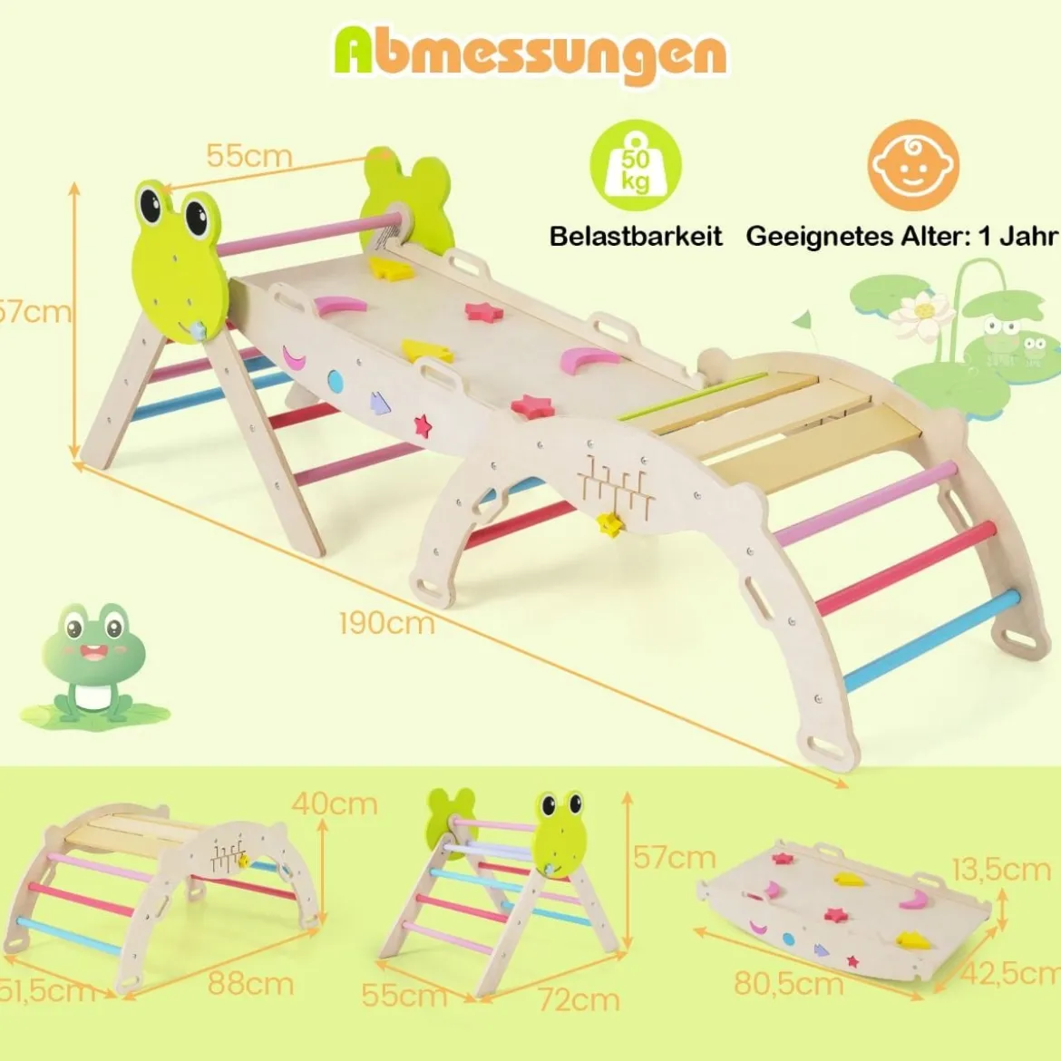 3er Set Klettergerüst mit Rutsche & Kletterbogen & Doppelseitige Rampe Kletterdreieck Mehrfarbig
