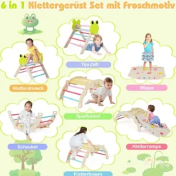 3er Set Klettergerüst mit Rutsche & Kletterbogen & Doppelseitige Rampe Kletterdreieck Mehrfarbig