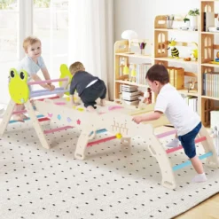 3er Set Klettergerüst mit Rutsche & Kletterbogen & Doppelseitige Rampe Kletterdreieck Mehrfarbig