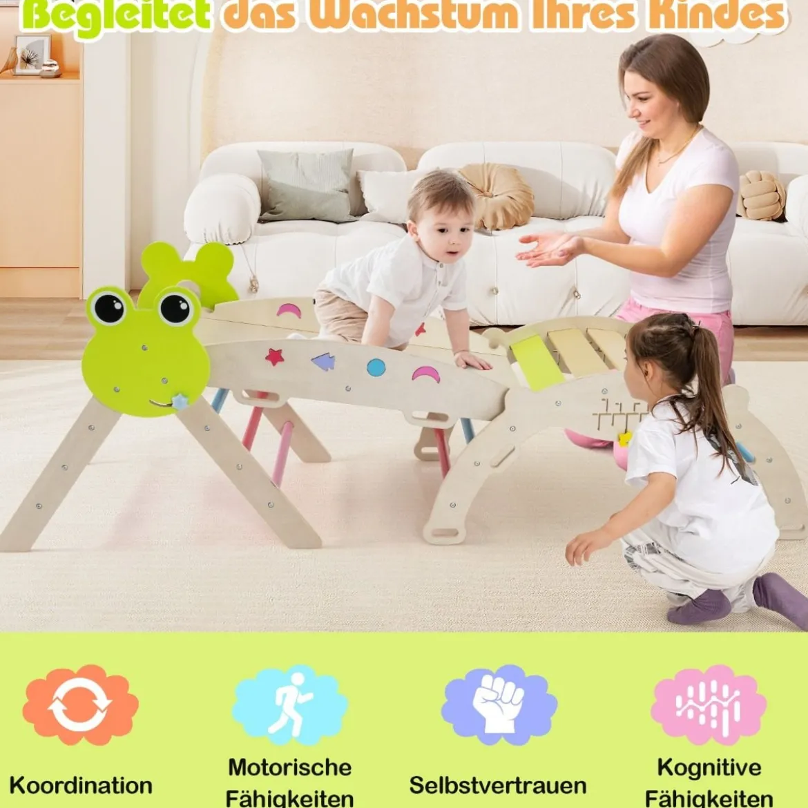 3er Set Klettergerüst mit Rutsche & Kletterbogen & Doppelseitige Rampe Kletterdreieck Mehrfarbig