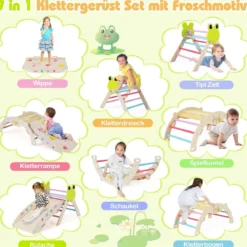 3er Set Klettergerüst mit Rutsche & Kletterbogen & Doppelseitige Rampe Kletterdreieck Mehrfarbig
