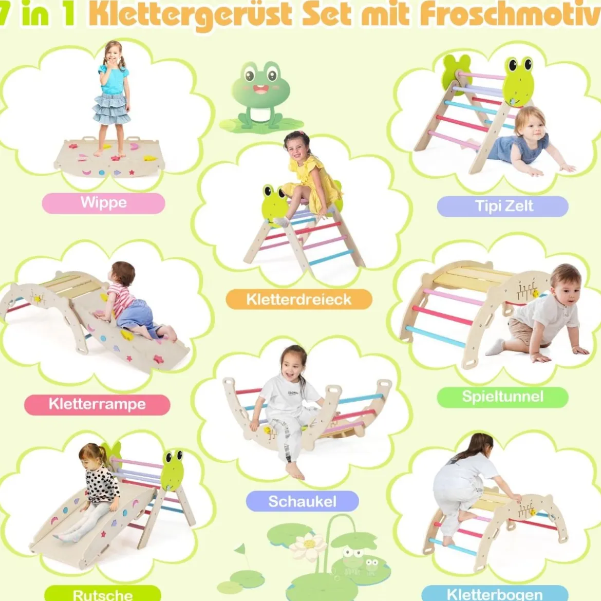 3er Set Klettergerüst mit Rutsche & Kletterbogen & Doppelseitige Rampe Kletterdreieck Mehrfarbig