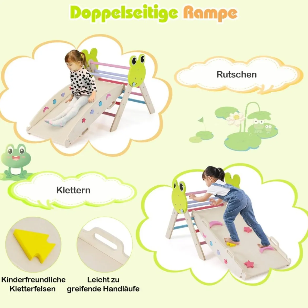 3er Set Klettergerüst mit Rutsche & Kletterbogen & Doppelseitige Rampe Kletterdreieck Mehrfarbig