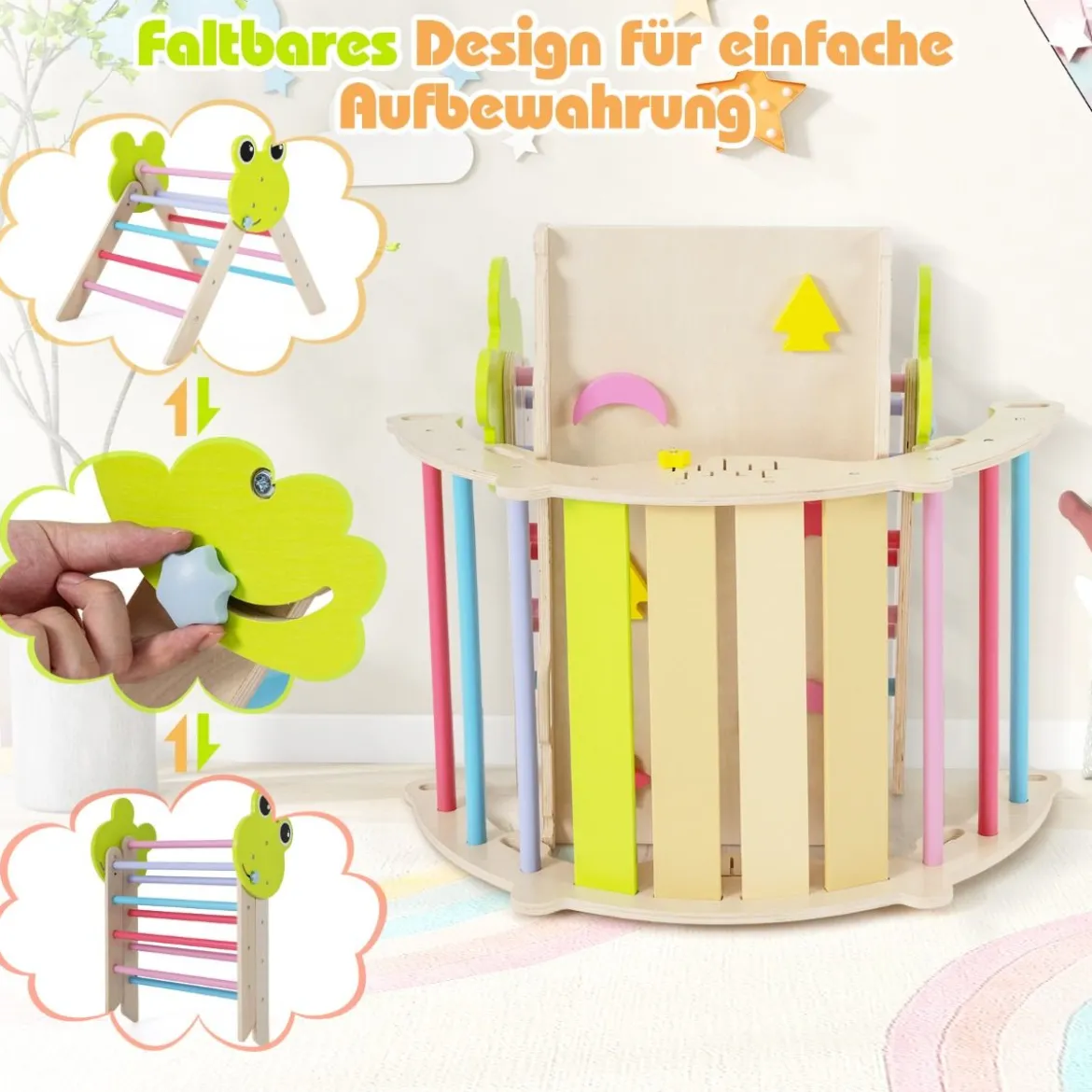 3er Set Klettergerüst mit Rutsche & Kletterbogen & Doppelseitige Rampe Kletterdreieck Mehrfarbig
