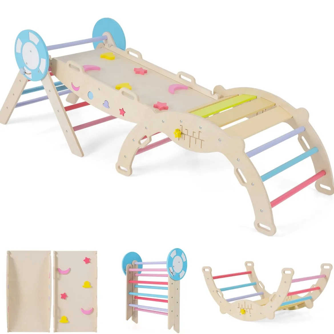 3er Set Klettergerüst mit Rutsche & Kletterbogen & Baustein Set Klappabres Kletterdreieck Mehrfarbig