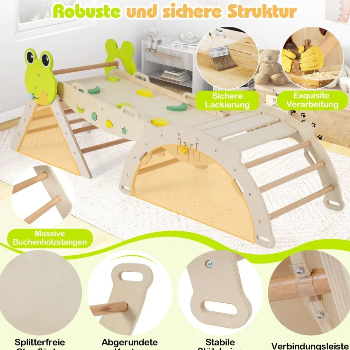 3er Set Klettergerüst mit Rutsche & Kletterbogen & Doppelseitige Rampe Kletterdreieck Natur