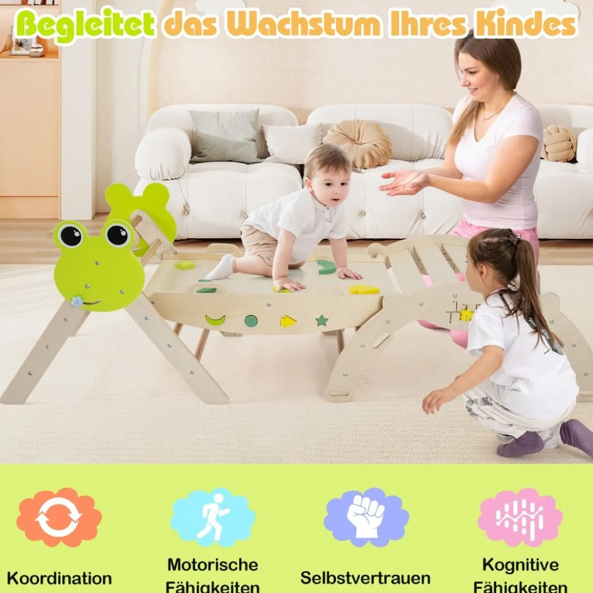 3er Set Klettergerüst mit Rutsche & Kletterbogen & Doppelseitige Rampe Kletterdreieck Natur