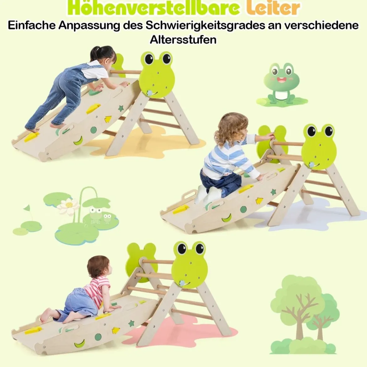 3er Set Klettergerüst mit Rutsche & Kletterbogen & Doppelseitige Rampe Kletterdreieck Natur