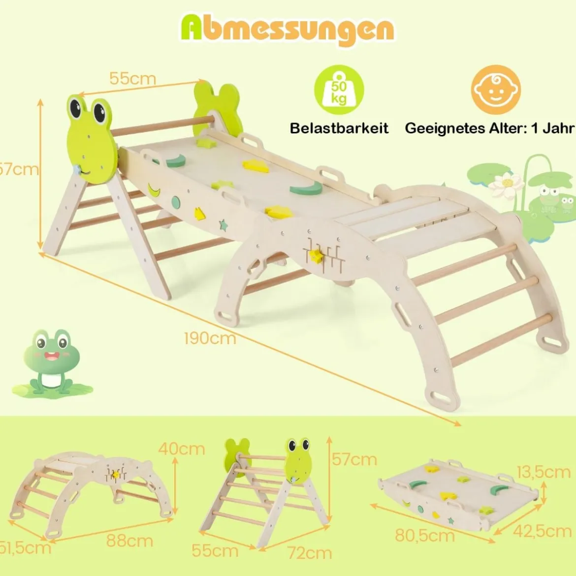 3er Set Klettergerüst mit Rutsche & Kletterbogen & Doppelseitige Rampe Kletterdreieck Natur