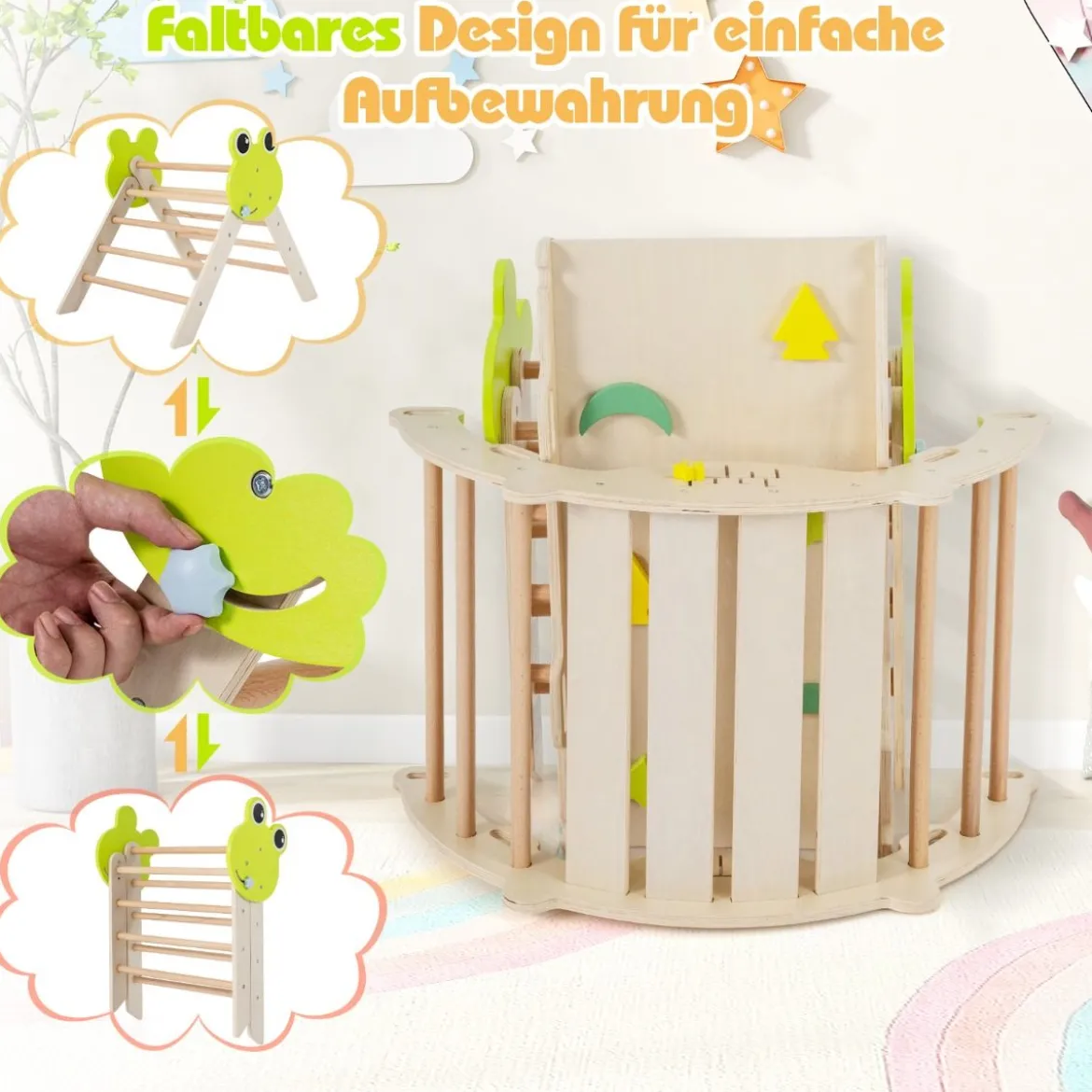 3er Set Klettergerüst mit Rutsche & Kletterbogen & Doppelseitige Rampe Kletterdreieck Natur