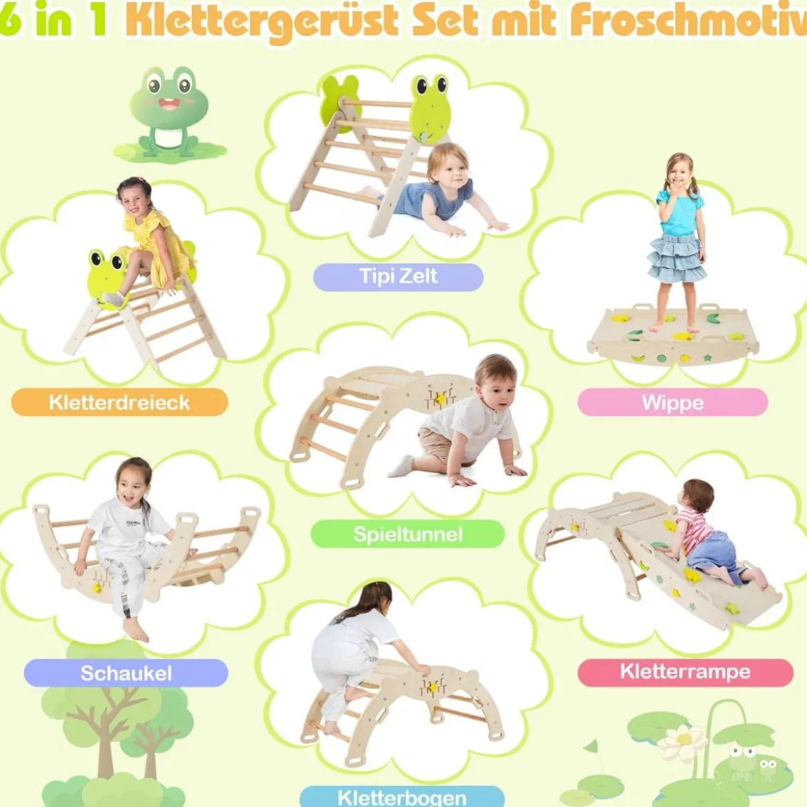 3er Set Klettergerüst mit Rutsche & Kletterbogen & Doppelseitige Rampe Kletterdreieck Natur