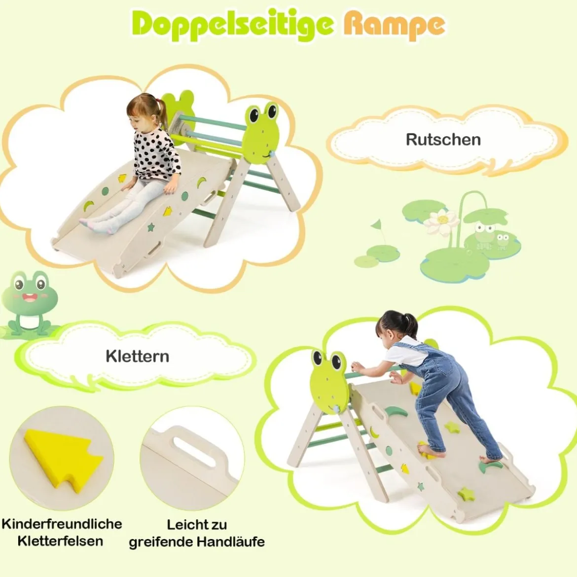 3er Set Klettergerüst mit Rutsche & Kletterbogen & Doppelseitige Rampe Kletterdreieck Grün