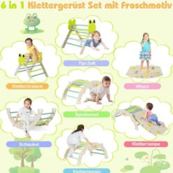3er Set Klettergerüst mit Rutsche & Kletterbogen & Doppelseitige Rampe Kletterdreieck Grün