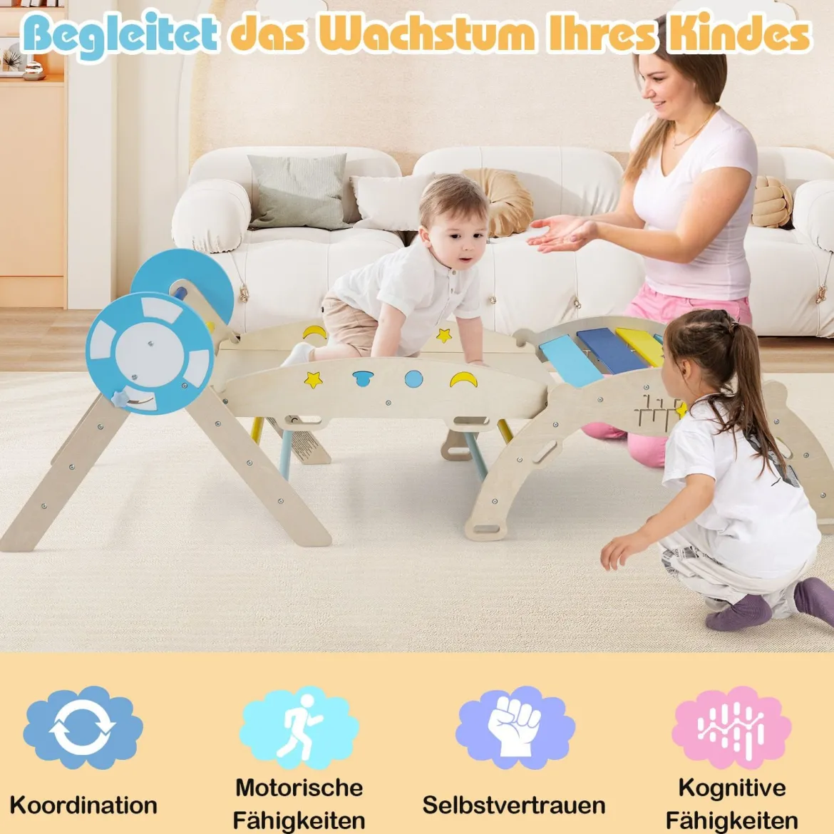 3er Set Klettergerüst mit Rutsche & Kletterbogen & Baustein Set Klappabres Kletterdreieck Blau