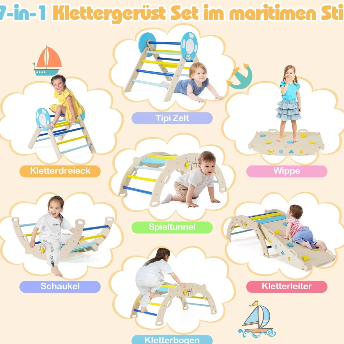 3er Set Klettergerüst mit Rutsche & Kletterbogen & Baustein Set Klappabres Kletterdreieck Blau