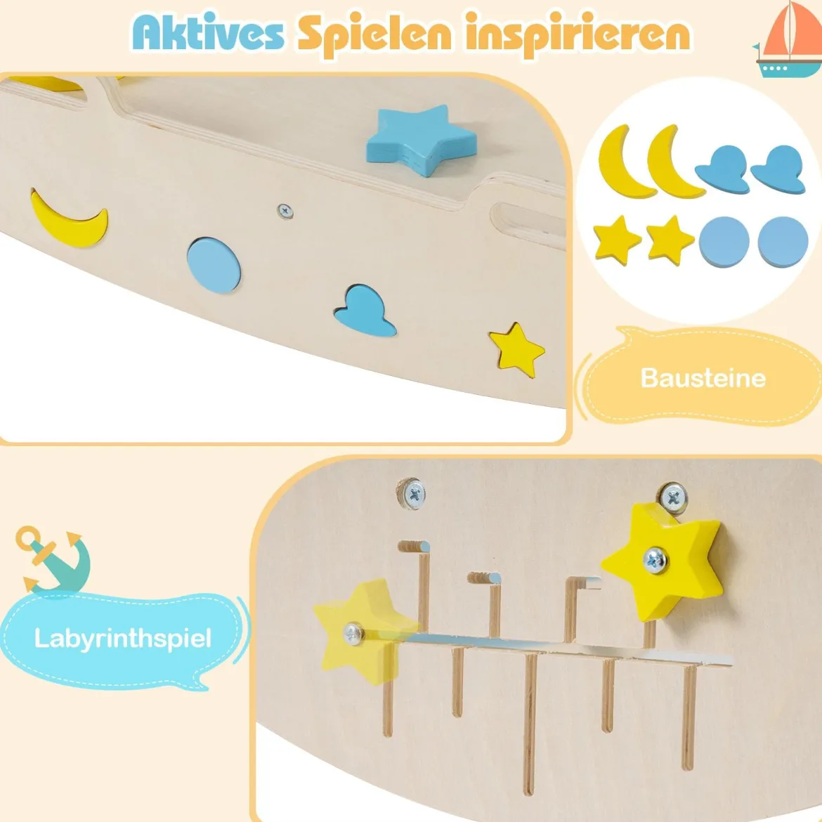 3er Set Klettergerüst mit Rutsche & Kletterbogen & Baustein Set Klappabres Kletterdreieck Blau