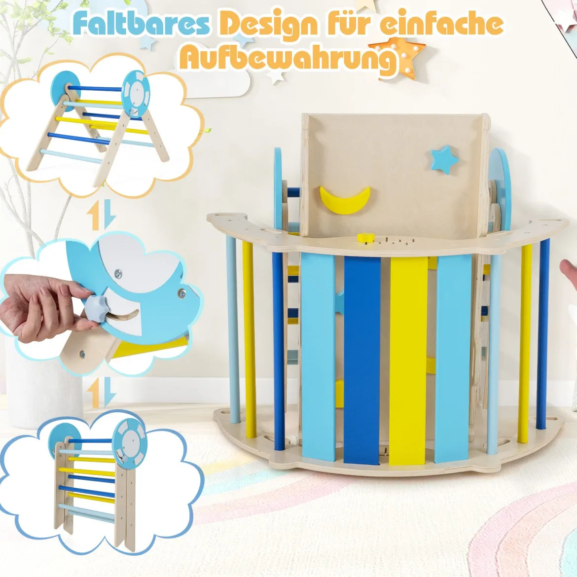 3er Set Klettergerüst mit Rutsche & Kletterbogen & Baustein Set Klappabres Kletterdreieck Blau