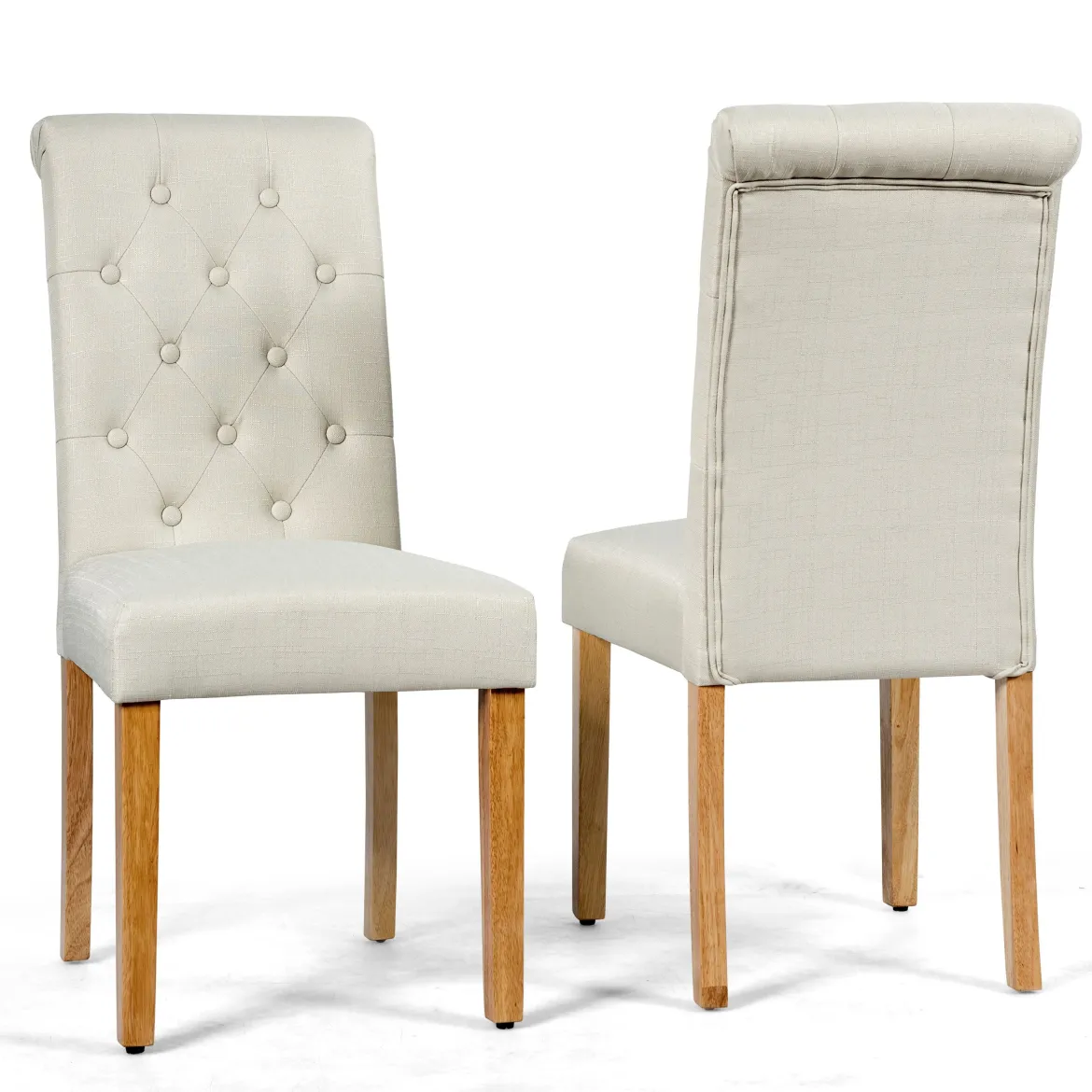2er-Set Knopfgetuftete Esszimmerstühle gepolsterte Stoffstühle mit Gummibaumholzbeinen Beige