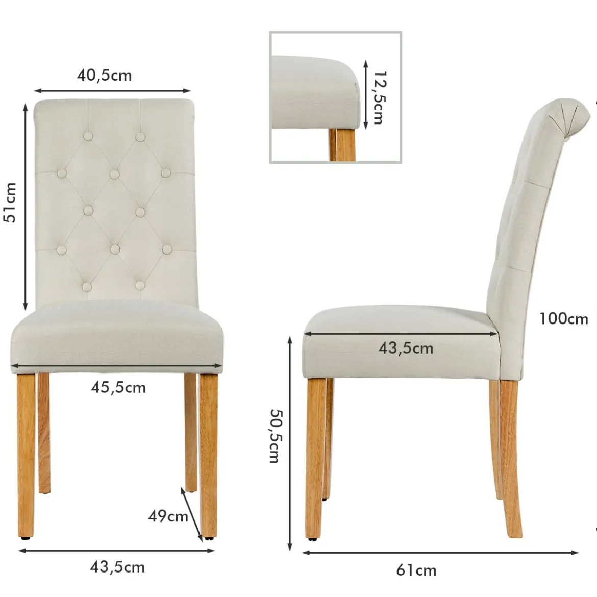 2er-Set Knopfgetuftete Esszimmerstühle gepolsterte Stoffstühle mit Gummibaumholzbeinen Beige