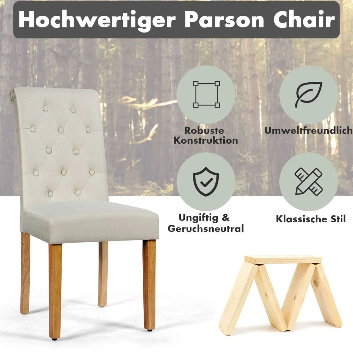 2er-Set Knopfgetuftete Esszimmerstühle gepolsterte Stoffstühle mit Gummibaumholzbeinen Beige