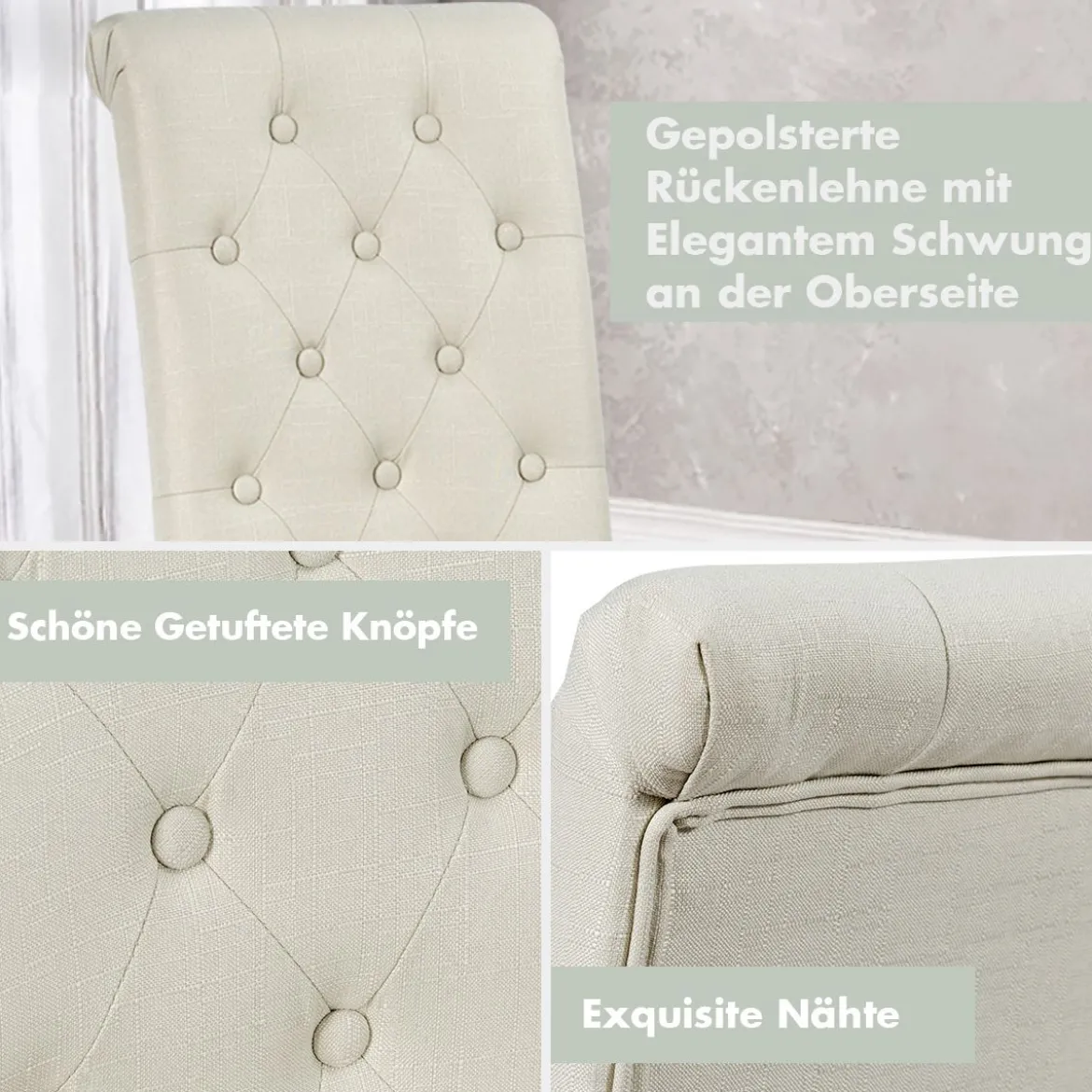 2er-Set Knopfgetuftete Esszimmerstühle gepolsterte Stoffstühle mit Gummibaumholzbeinen Beige