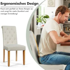 2er-Set Knopfgetuftete Esszimmerstühle gepolsterte Stoffstühle mit Gummibaumholzbeinen Beige