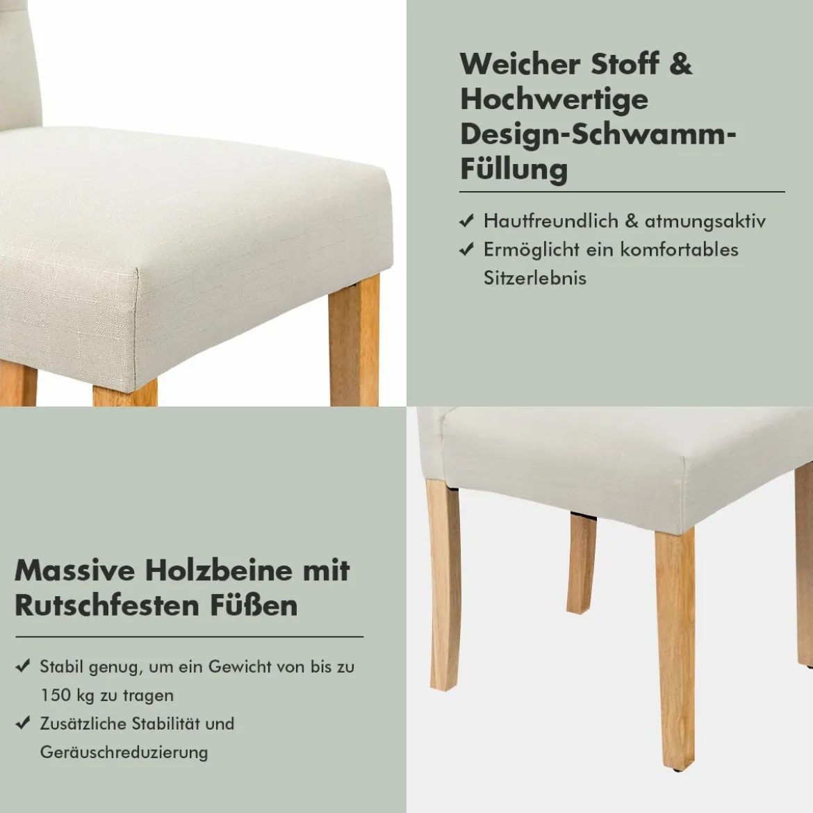 2er-Set Knopfgetuftete Esszimmerstühle gepolsterte Stoffstühle mit Gummibaumholzbeinen Beige