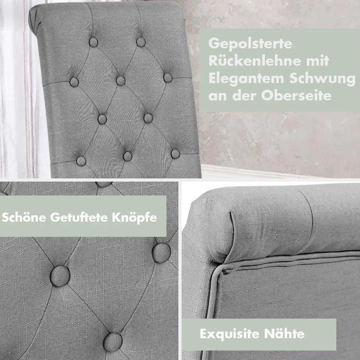 2er-Set Knopfgetuftete Esszimmerstühle gepolsterte Stoffstühle mit Gummibaumholzbeinen Grau