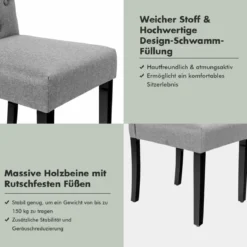 2er-Set Knopfgetuftete Esszimmerstühle gepolsterte Stoffstühle mit Gummibaumholzbeinen Grau