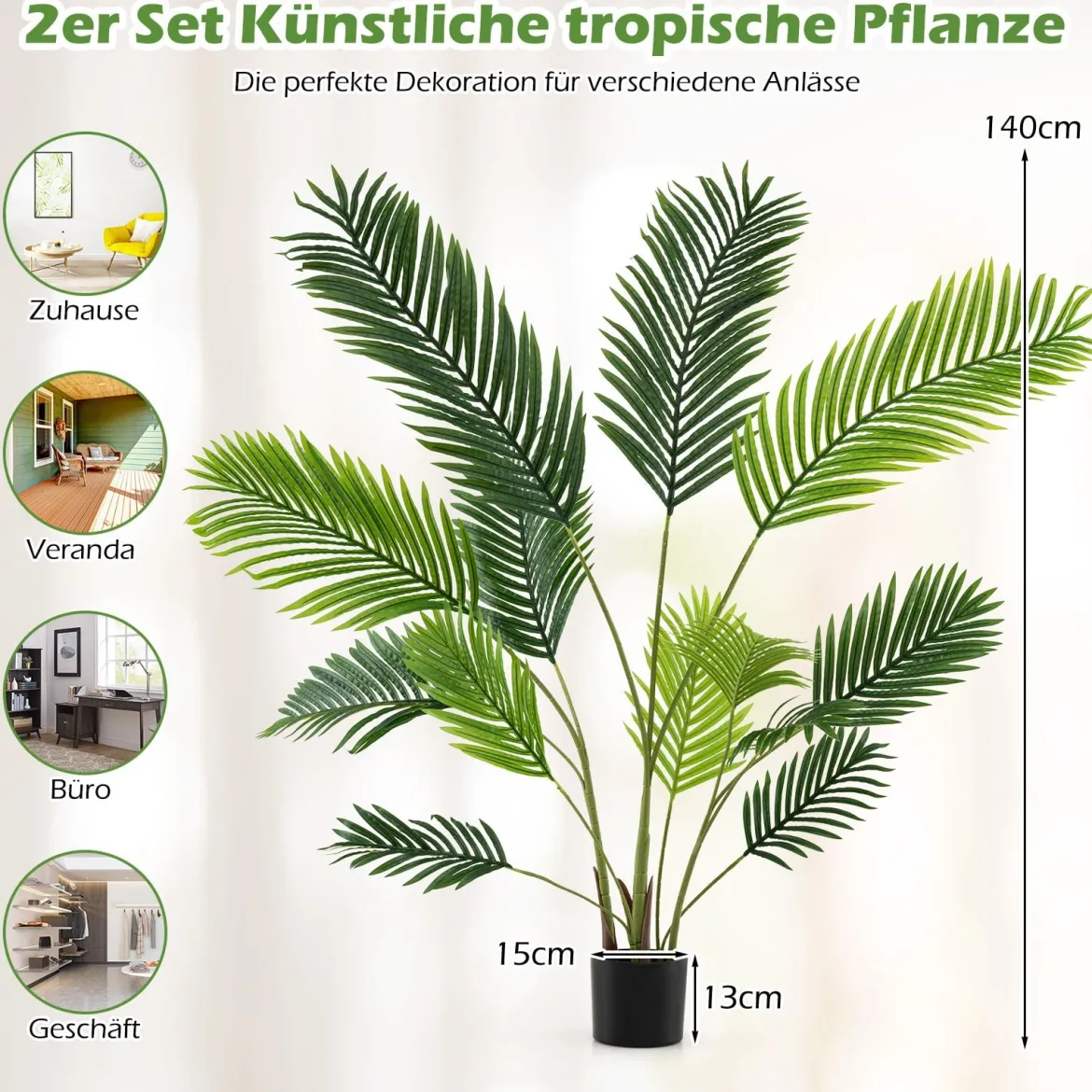 2er Set Künstliche Areca Palme 140 cm Kunstpflanze im Topf Kunstpalme mit Blättern Grün