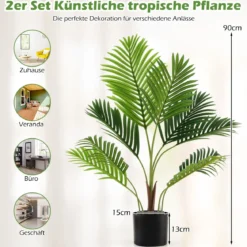 2er Set Künstliche Areca Palme 90 cm Kunstpflanze im Topf Kunstpalme mit Blättern Grün