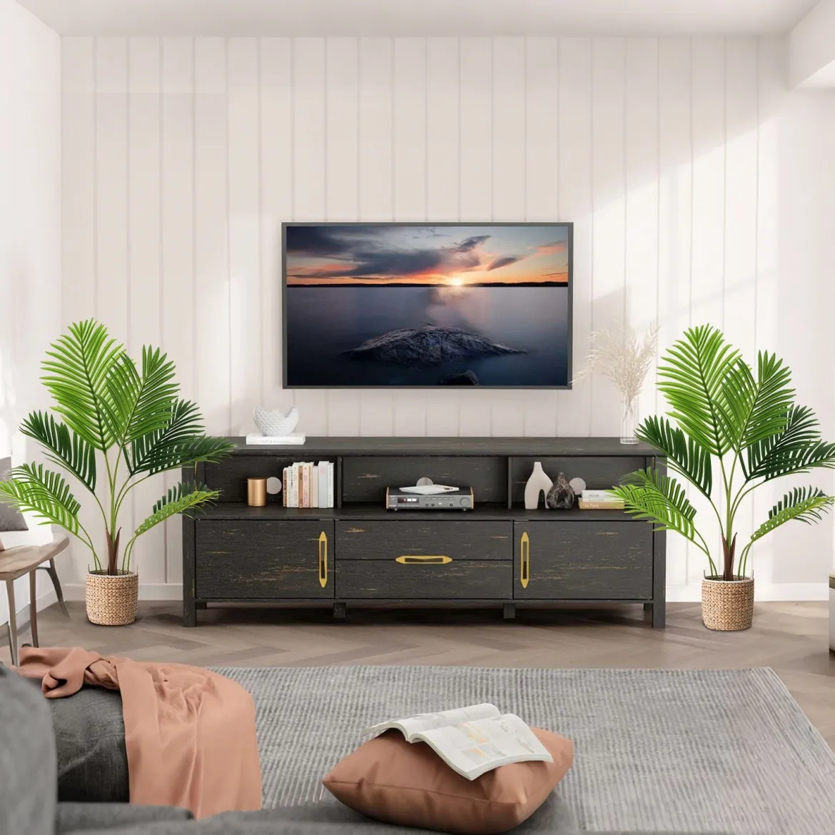 2er Set Künstliche Areca Palme 90 cm Kunstpflanze im Topf Kunstpalme mit Blättern Grün